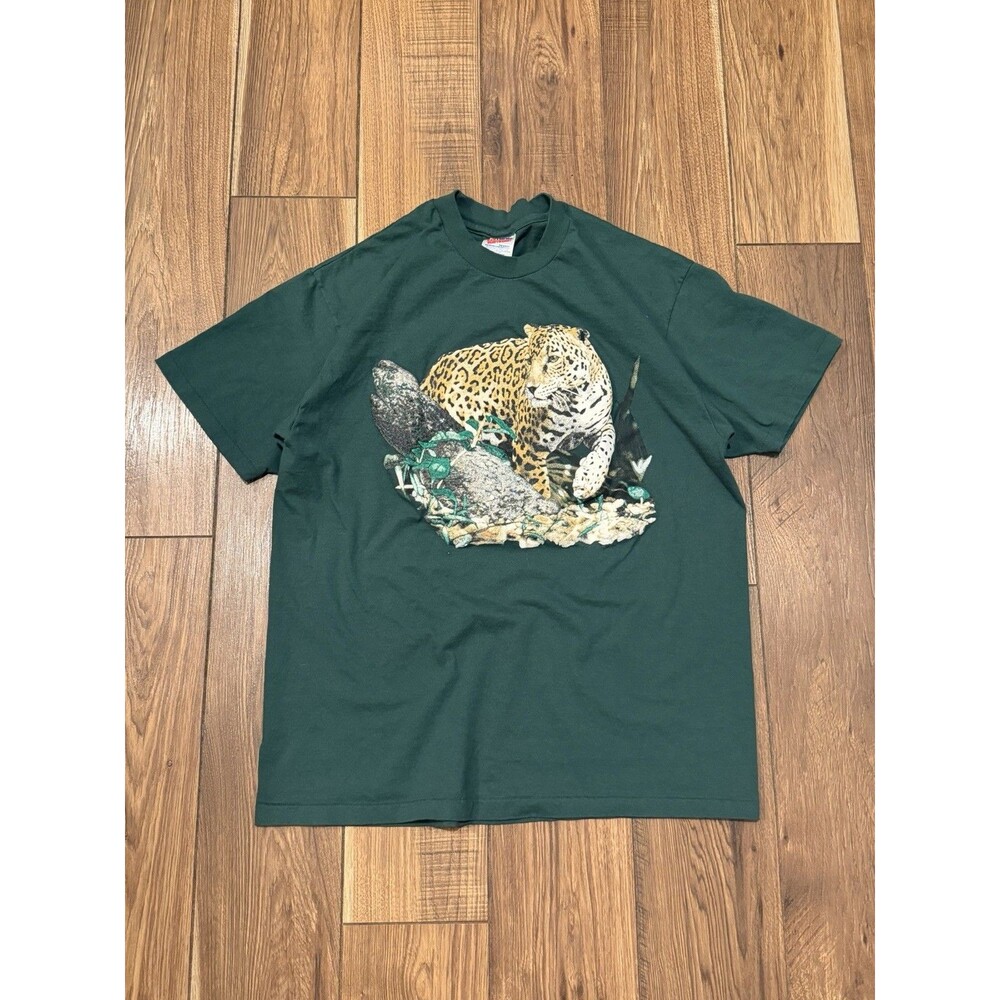 Vintage 90’s Cheetah Nature Single Stitch Graphic T-Shirt Size XL Green